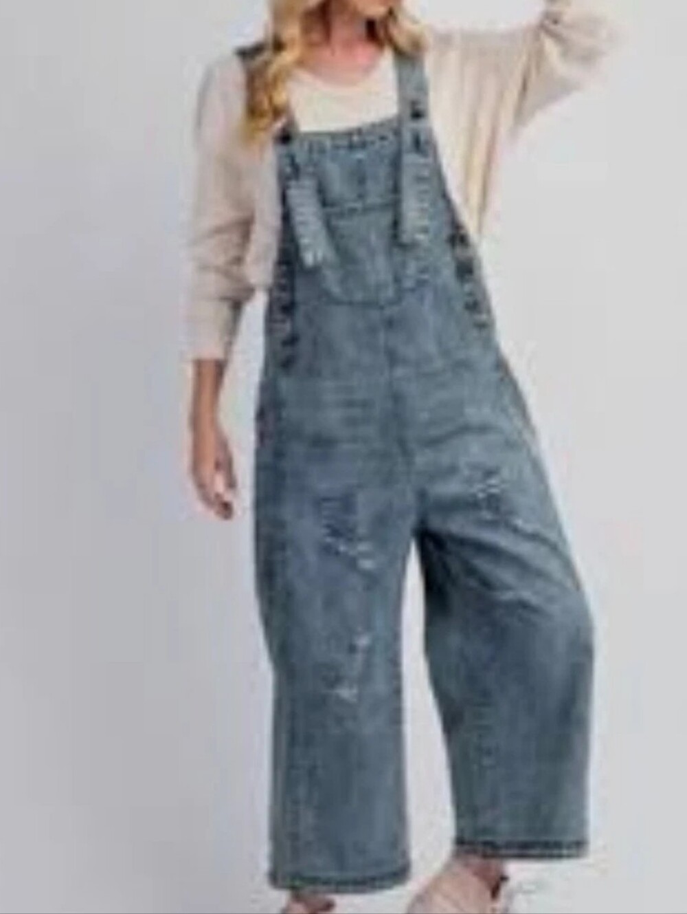 Easel Distressed Acid Wash Cropped Overalls Women's Small Wide Leg Boho Hippie